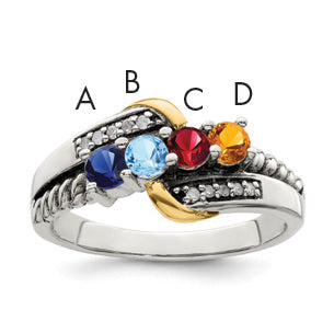 Sterling Silver Antiqued w/14k 4-stone w/Diamond Mother's Ring Semi-Mount