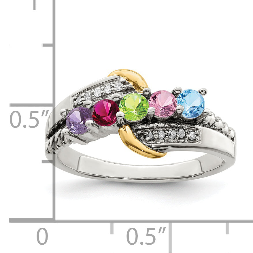 Sterling Silver Antiqued w/14k 5-stone w/Diamond Mother's Ring Semi-Mount