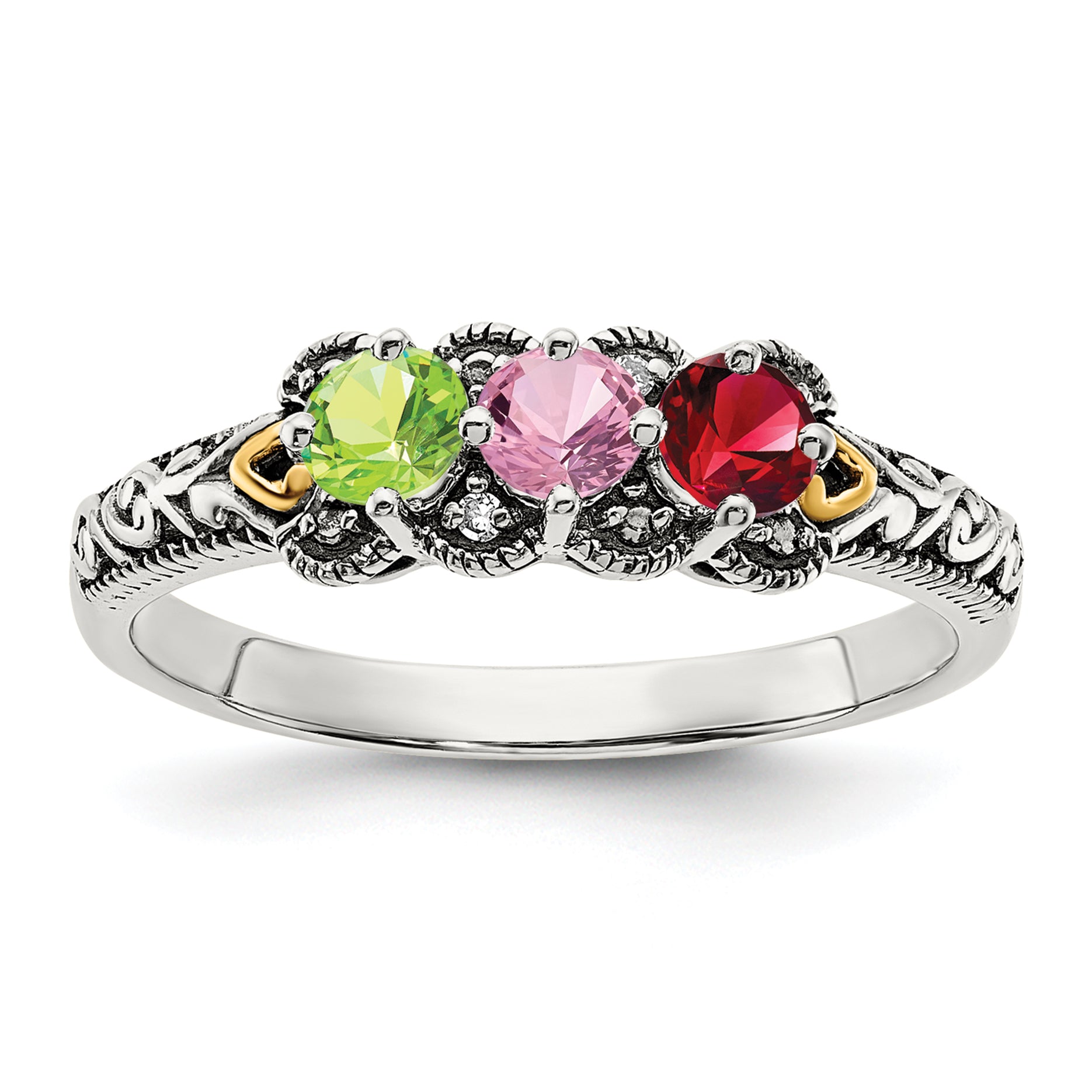 Sterling Silver Antiqued w/14k 3-stone w/Diamond Mother's Ring