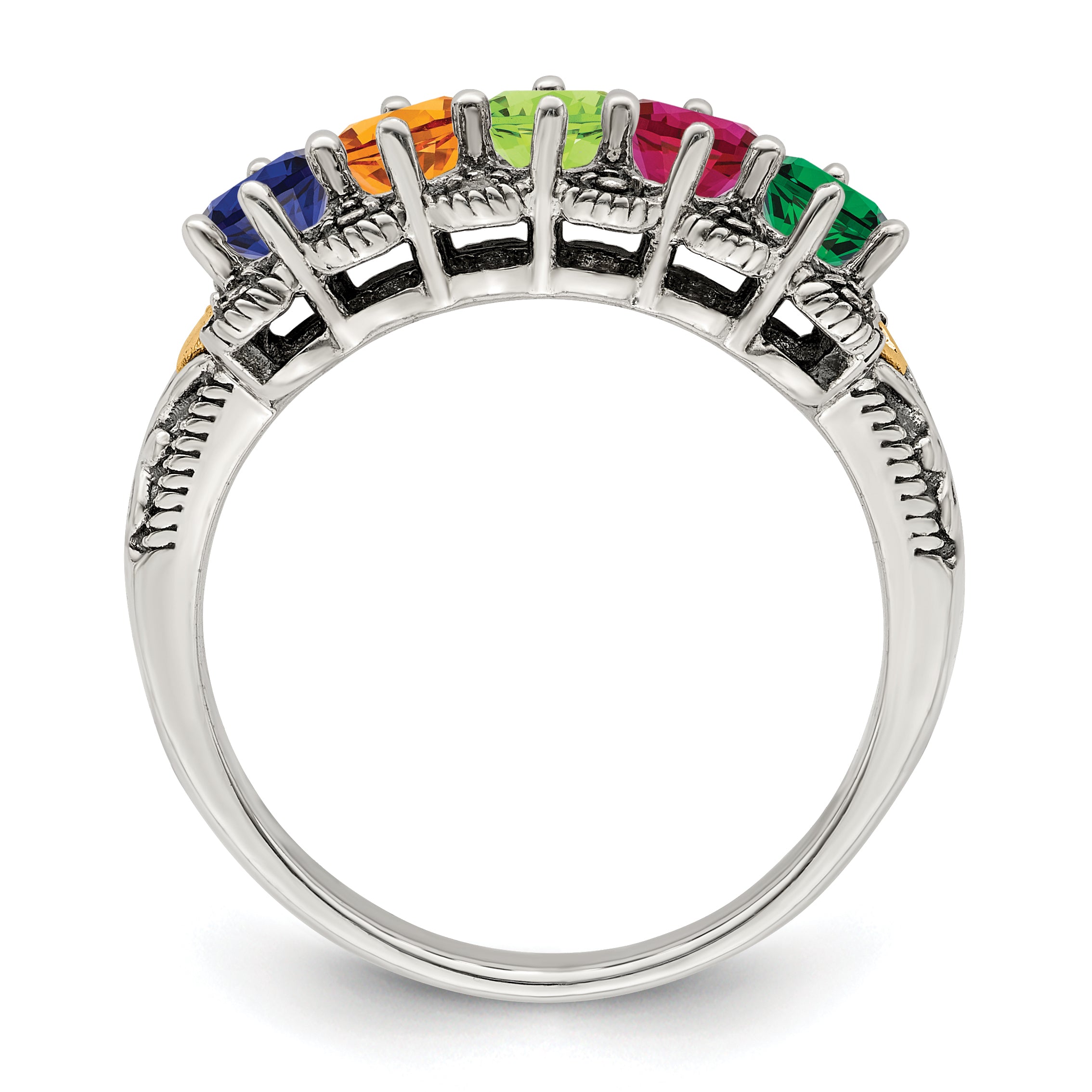 Sterling Silver Antiqued w/14k 5-stone w/Diamond Mother's Ring