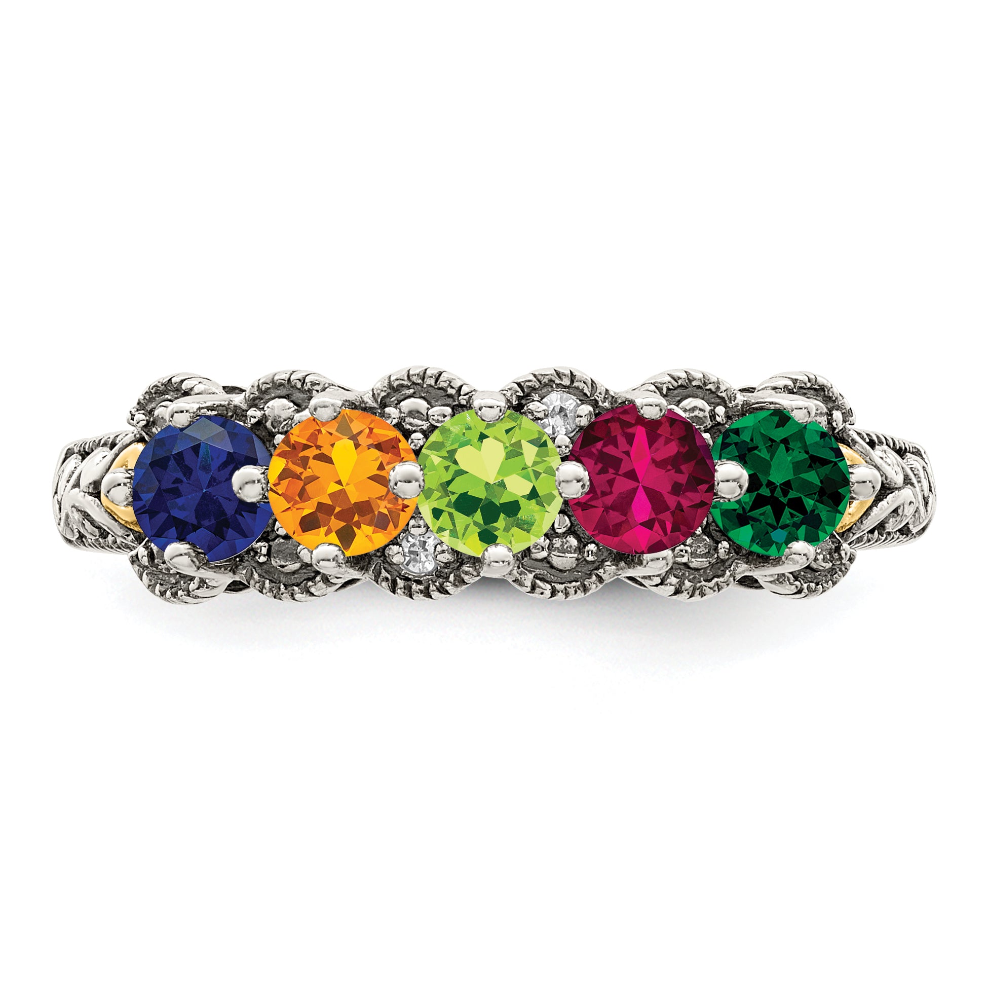 Sterling Silver Antiqued w/14k 5-stone w/Diamond Mother's Ring Semi-Mount
