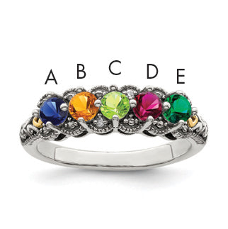 Sterling Silver Antiqued w/14k 5-stone w/Diamond Mother's Ring