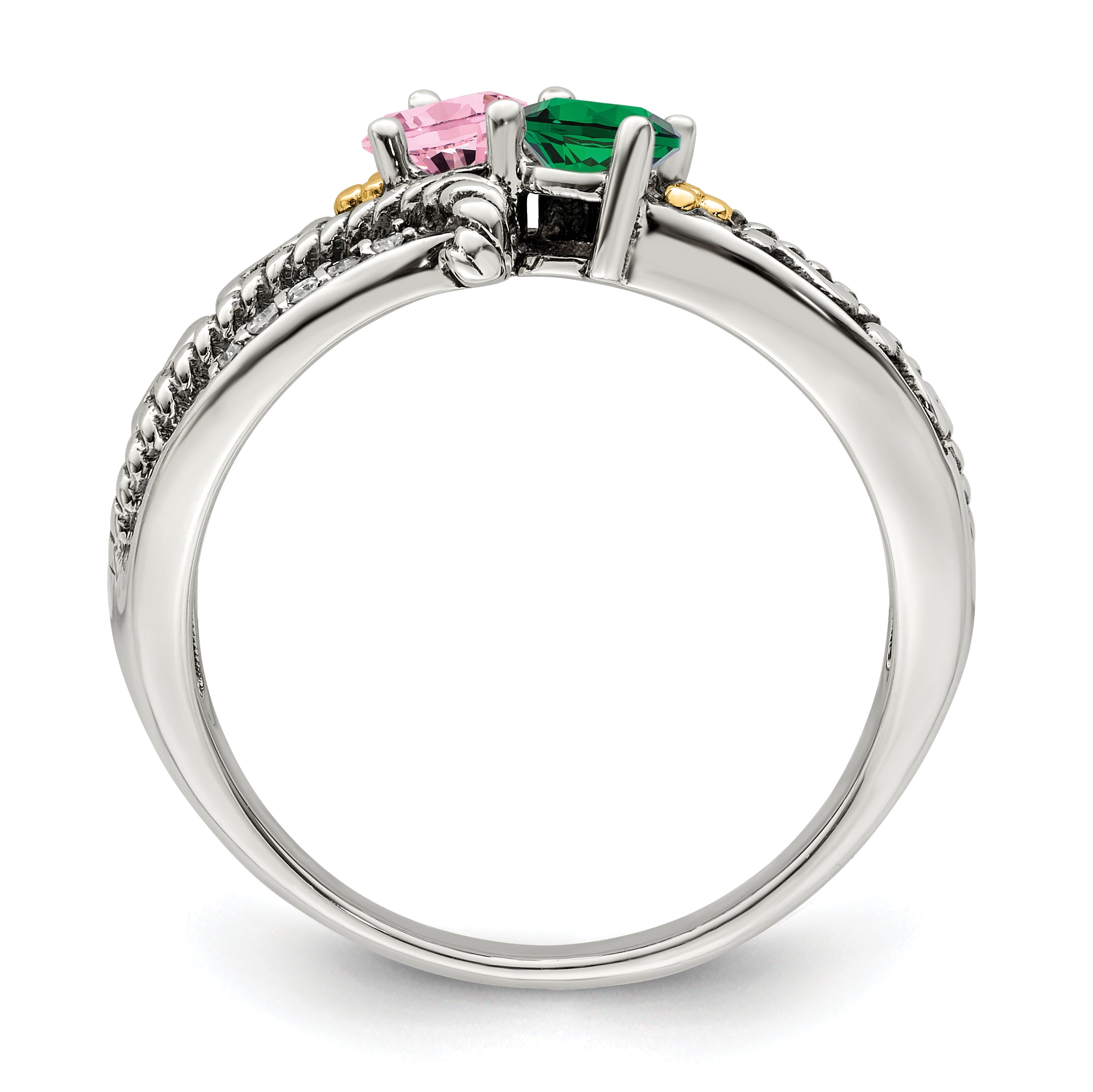 Sterling Silver Antiqued w/14k 2-stone w/Diamond Mother's Ring Semi-Mount