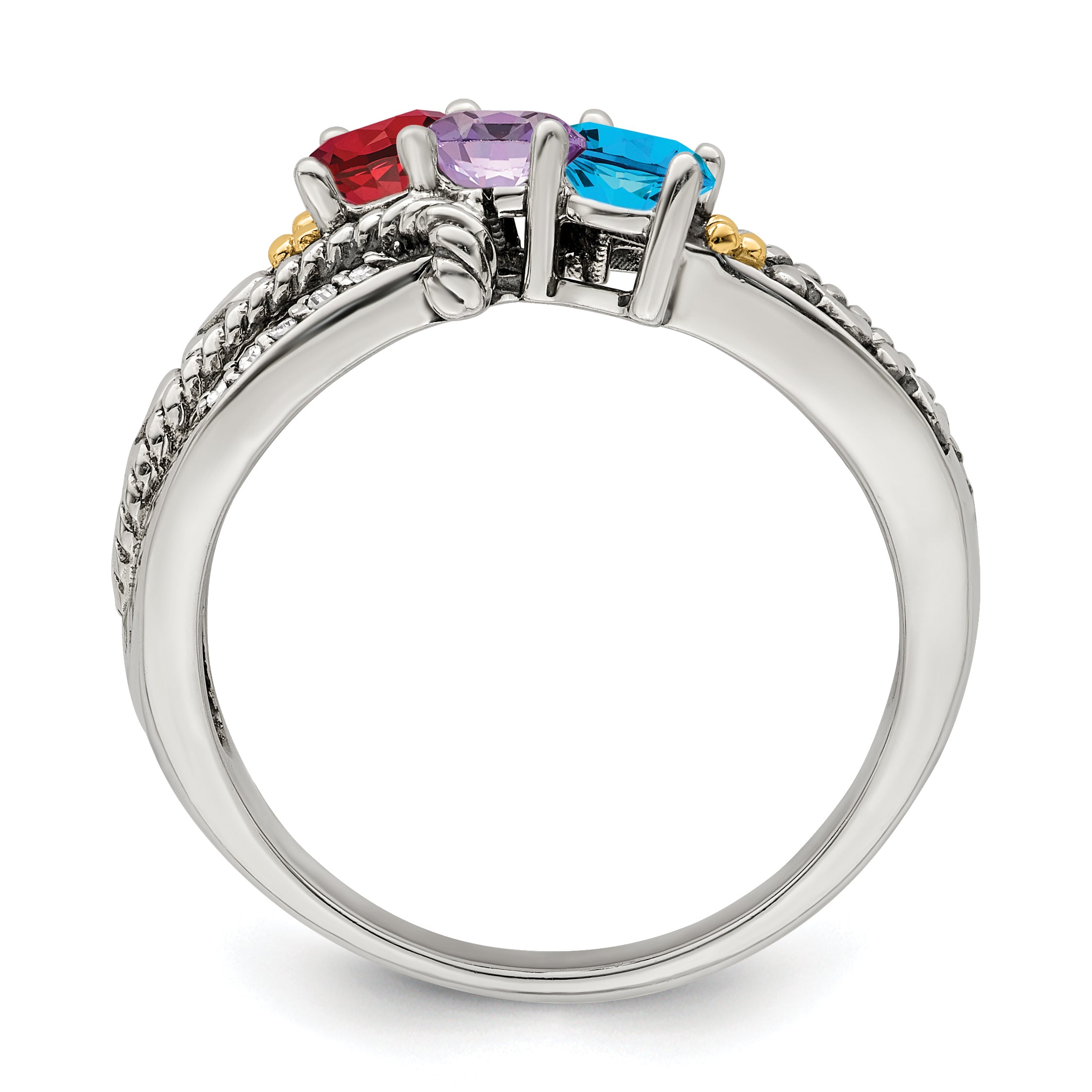 Sterling Silver Antiqued w/14k 3-stone w/Diamond Mother's Ring Semi-Mount