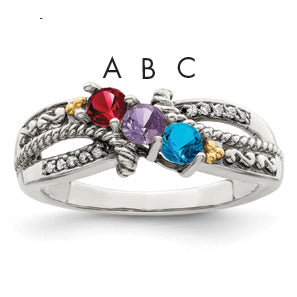 Sterling Silver Antiqued w/14k 3-stone w/Diamond Mother's Ring Semi-Mount