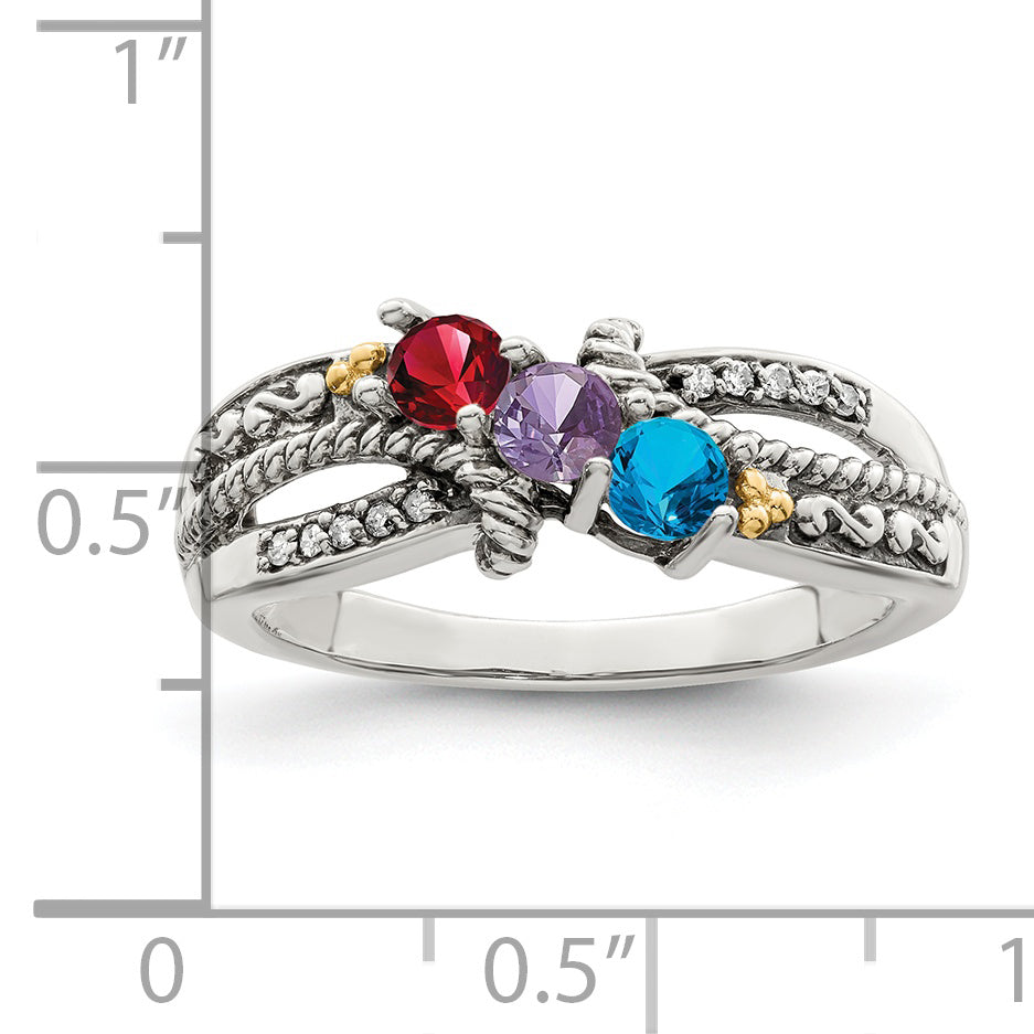 Sterling Silver Antiqued w/14k 3-stone w/Diamond Mother's Ring Semi-Mount