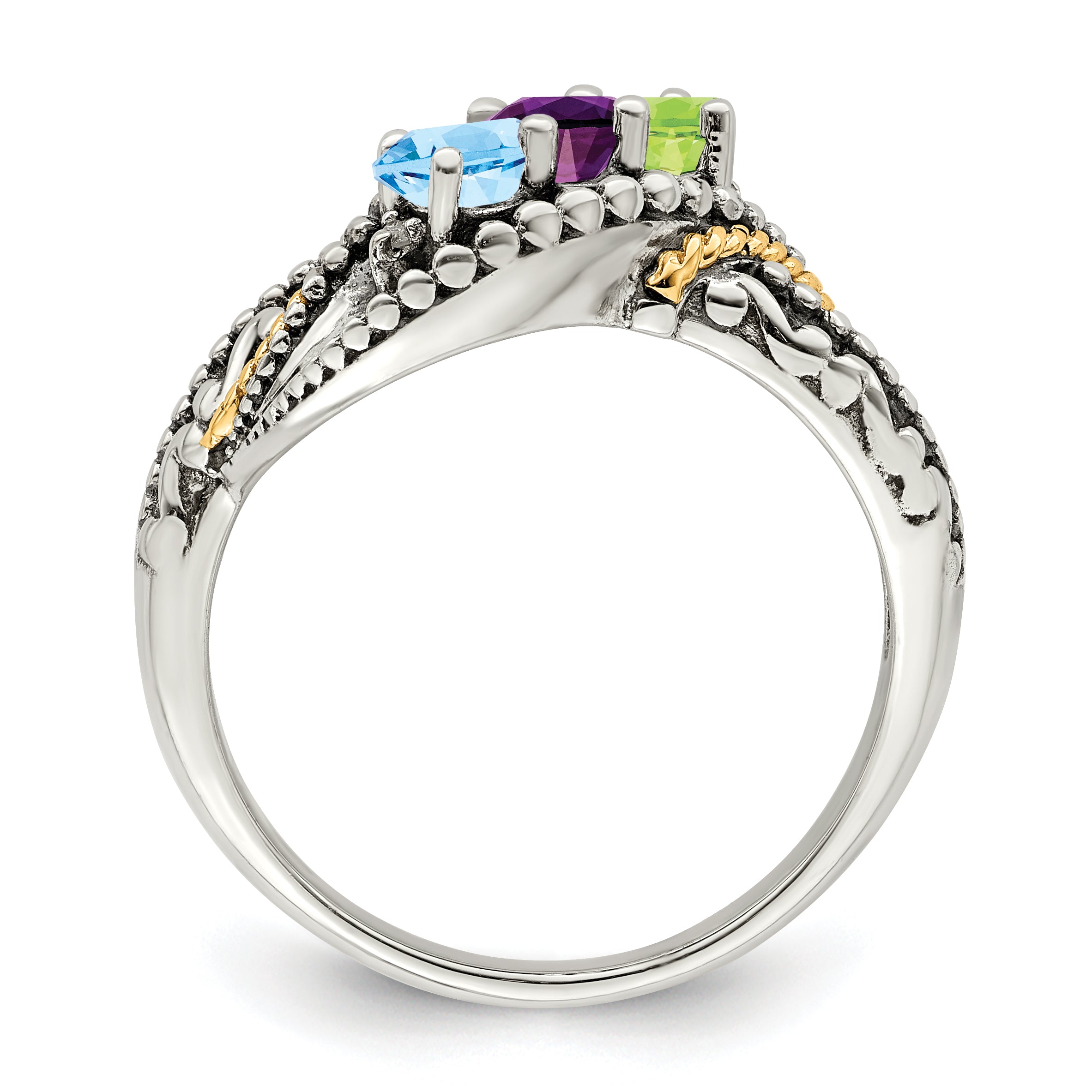 Sterling Silver Antiqued w/14k 3-stone w/Diamond Mother's Ring