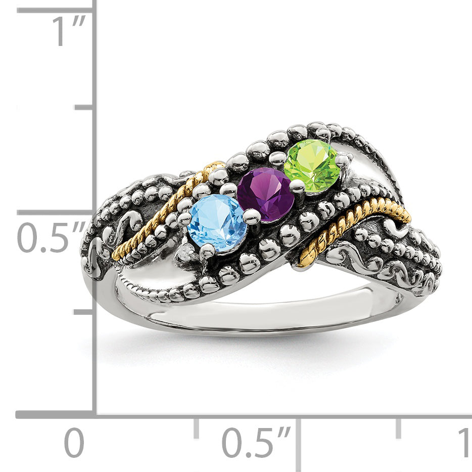 Sterling Silver Antiqued w/14k 3-stone w/Diamond Mother's Ring Semi-Mount