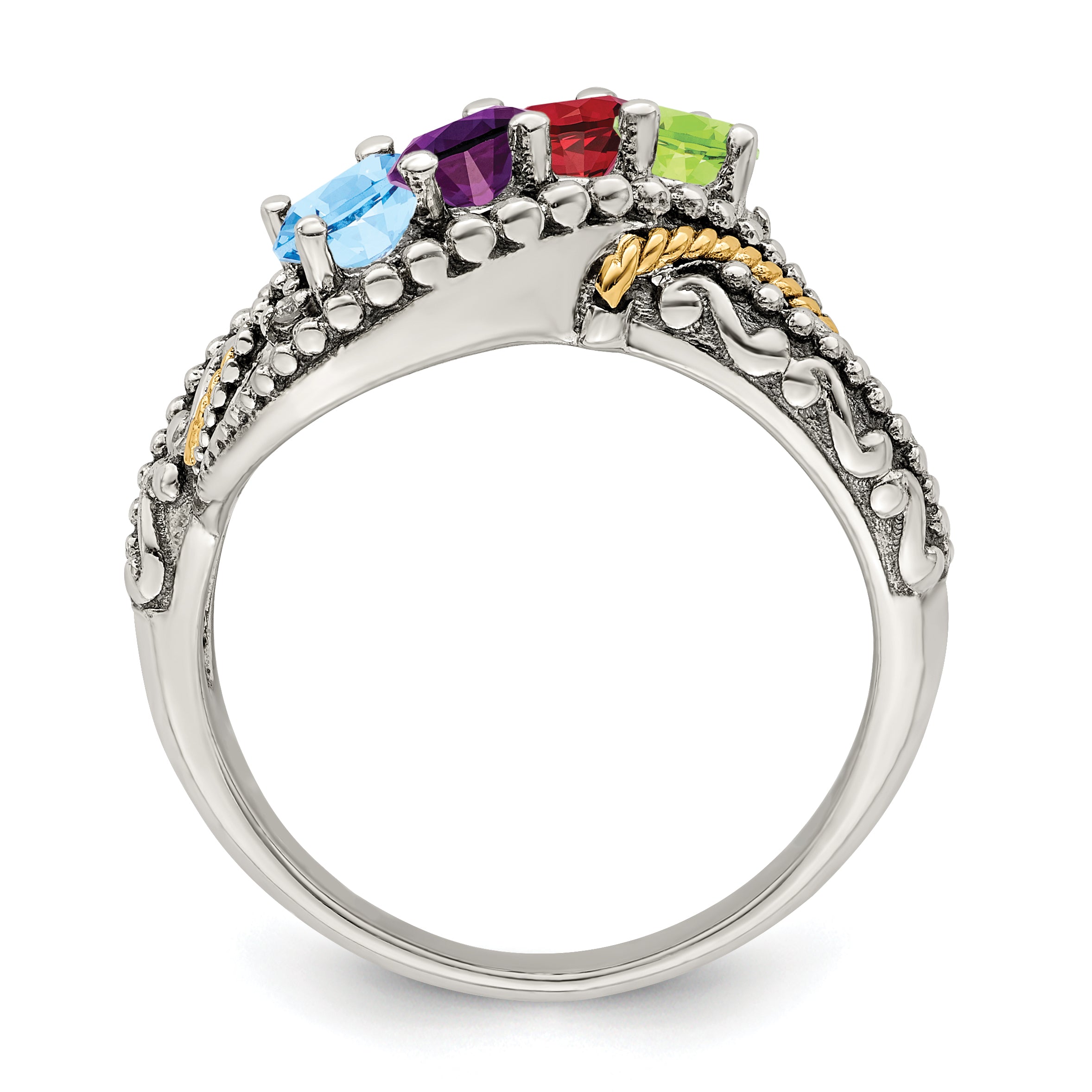 Sterling Silver Antiqued w/14k 4-stone w/Diamond Mother's Ring