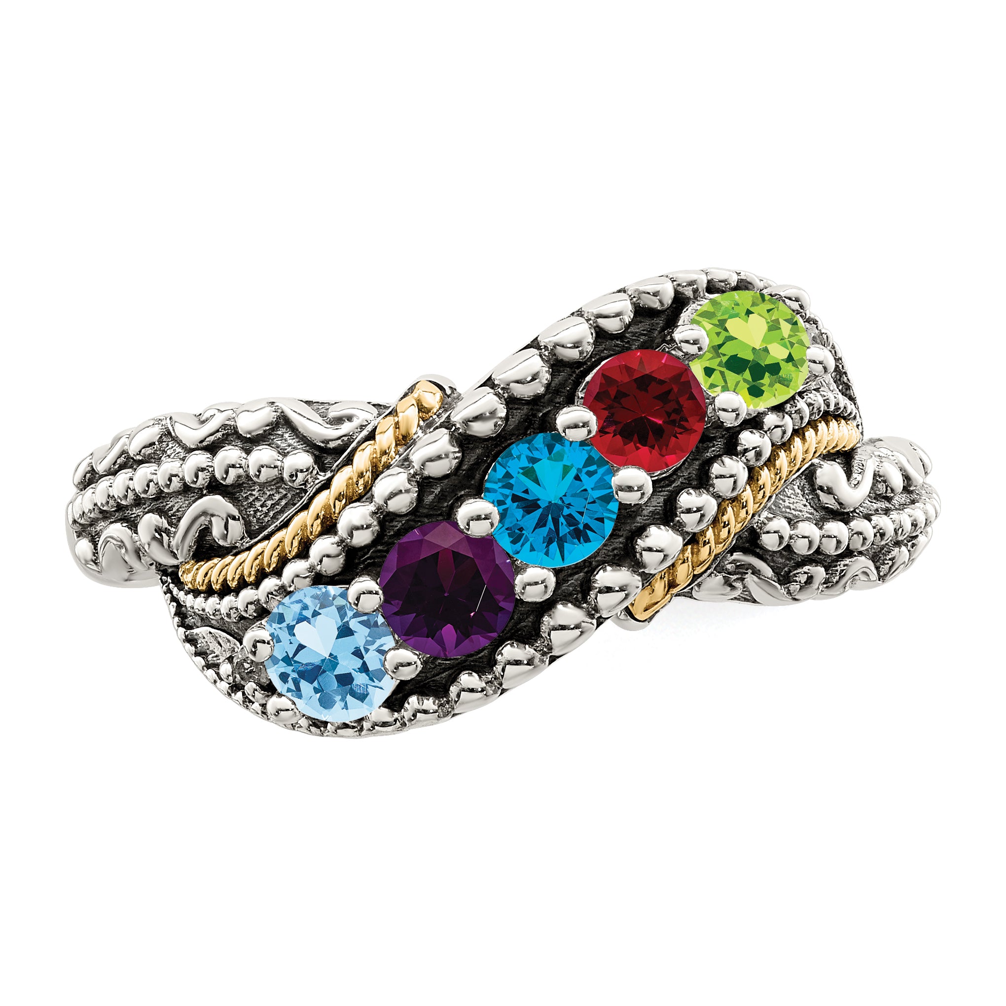 Sterling Silver Antiqued w/14k 5-stone w/Diamond Mother's Ring Semi-Mount