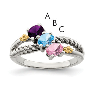 Sterling Silver Antiqued w/14k 3-stone Mother's Ring