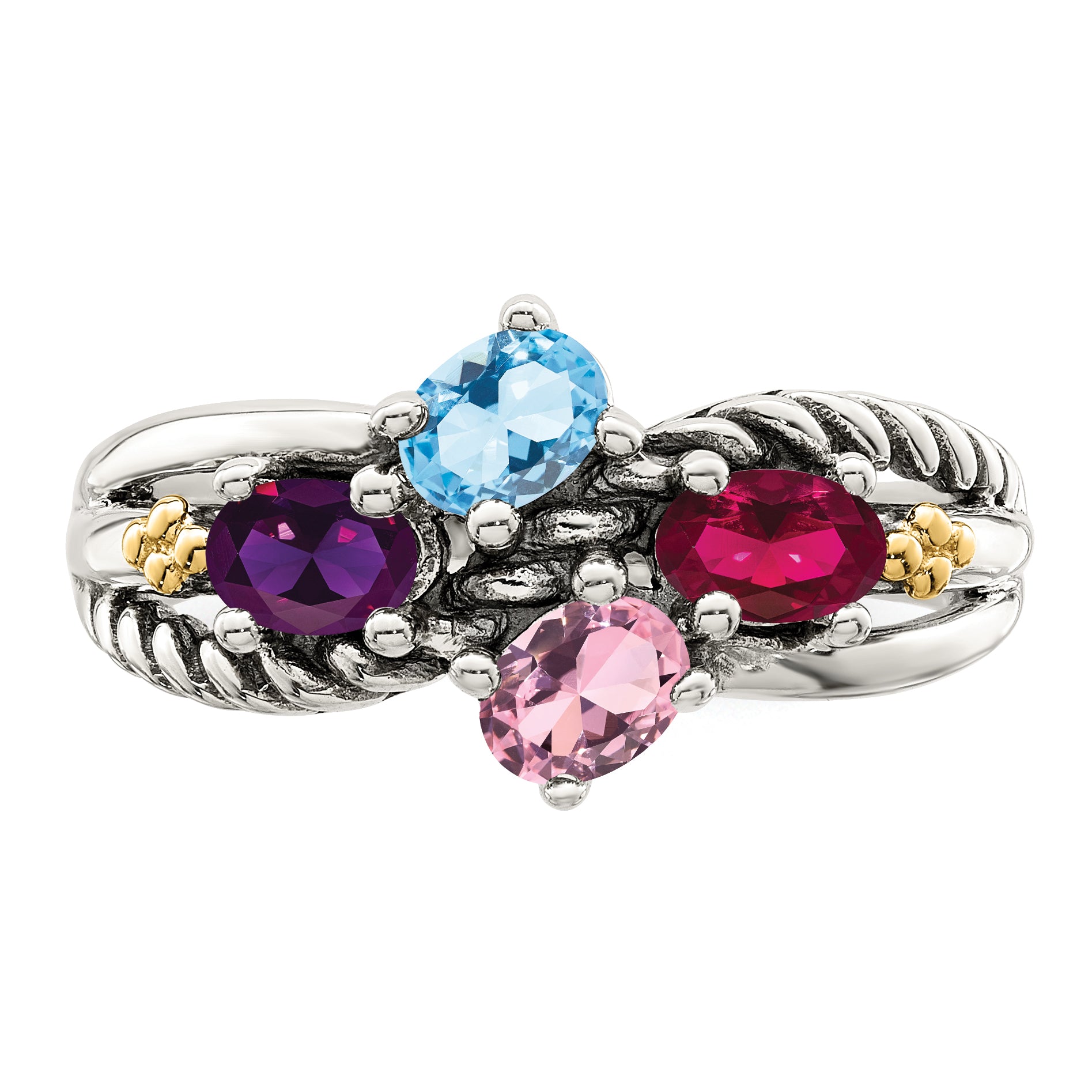 Sterling Silver Antiqued w/14k 4-stone Mother's Ring