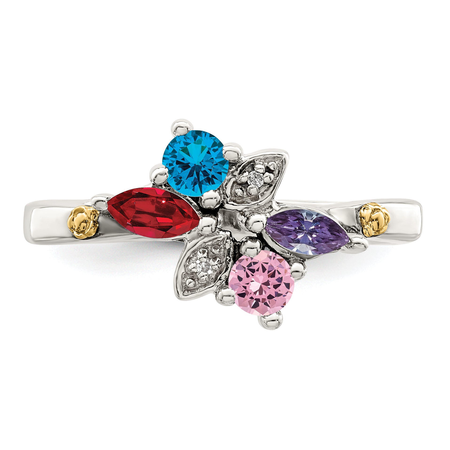 Sterling Silver Antiqued w/14k 4-stone w/Diamond Mother's Ring