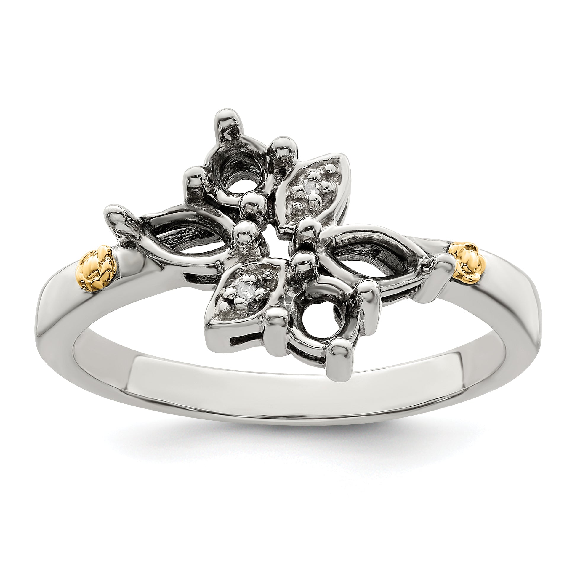 Sterling Silver Antiqued w/14k 4-stone w/Diamond Mother's Ring