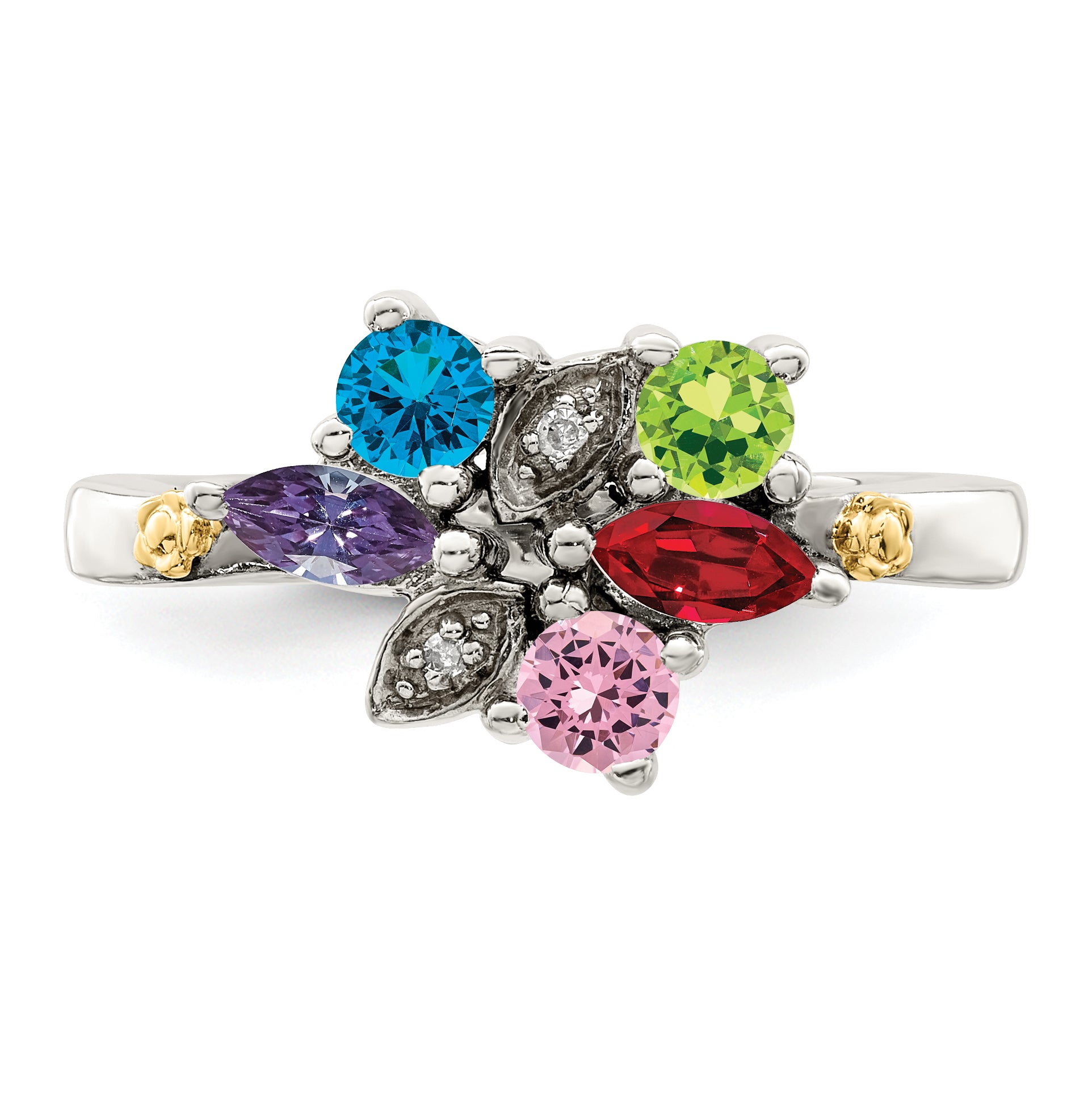 Sterling Silver Antiqued w/14k 5-stone w/Diamond Mother's Ring Semi-Mount