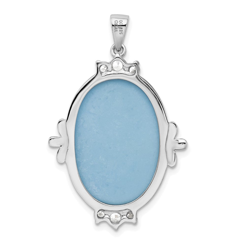 Sterling Silver Rhodium-plated Blue Plastic Cameo with CZ accents Pendant