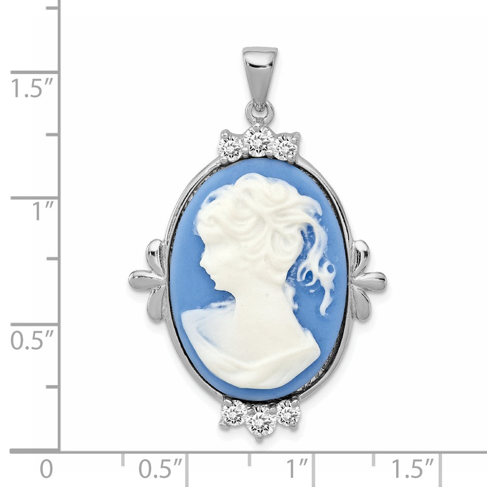 Sterling Silver Rhodium-plated Blue Plastic Cameo with CZ accents Pendant