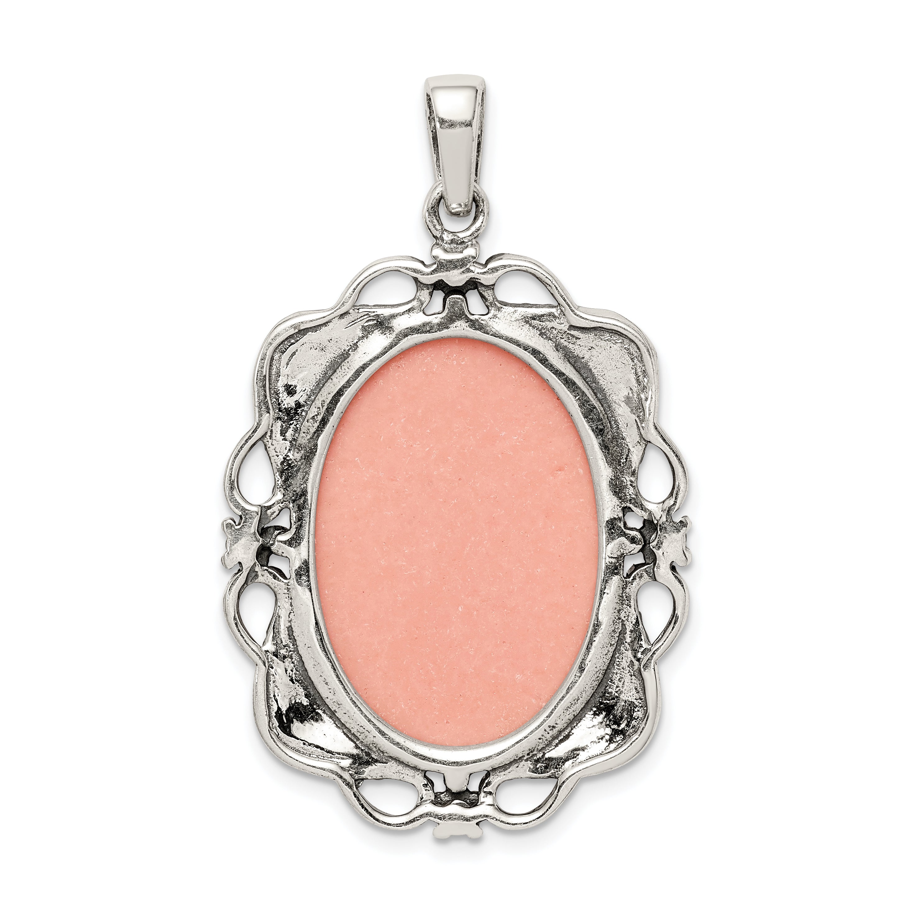 Sterling Silver Antiqued Marcasite Plastic Pink Cameo Pendant