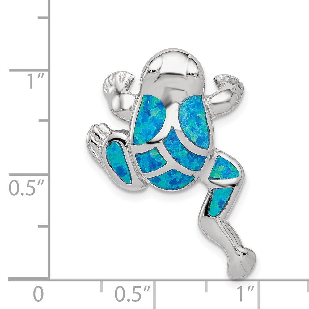 Sterling Silver Rhod-plated Created Blue Opal Inlay Frog Slide Pendant