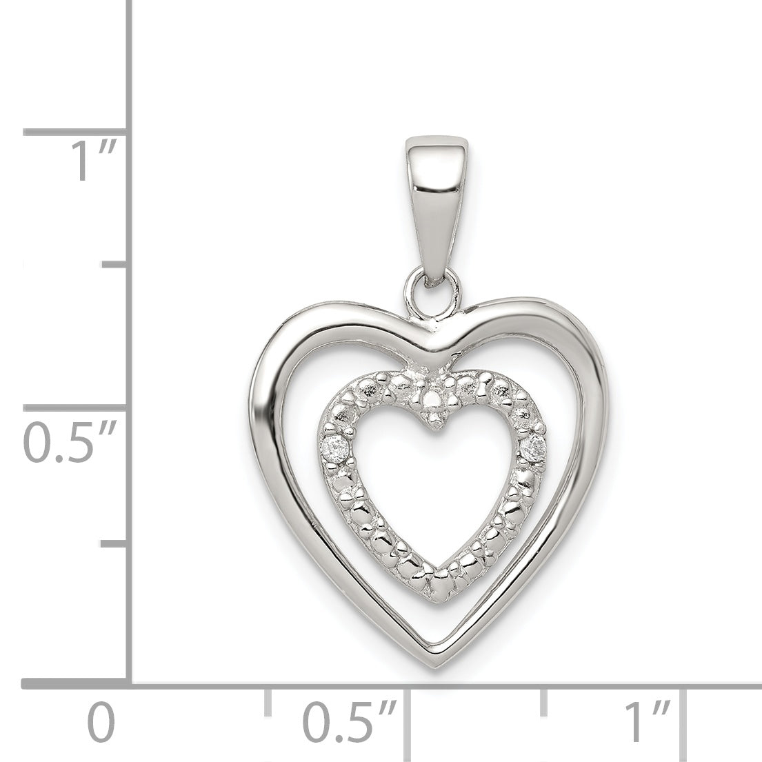 Sterling Silver Rhodium Plated Polished and CZ Double Heart Pendant