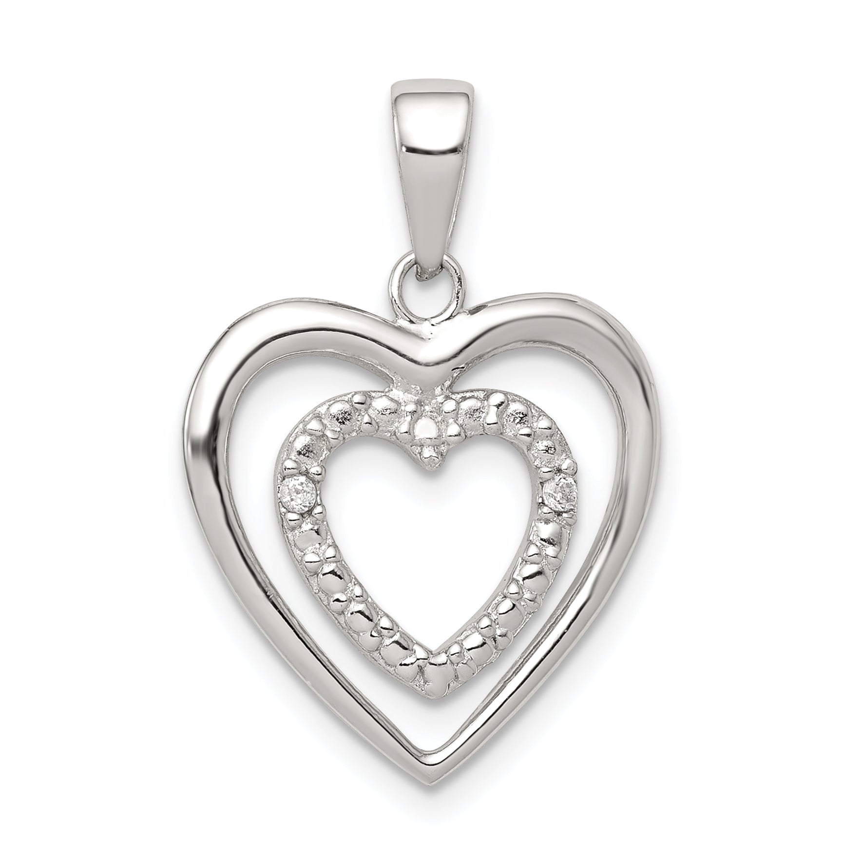 Sterling Silver Rhodium Plated Polished and CZ Double Heart Pendant