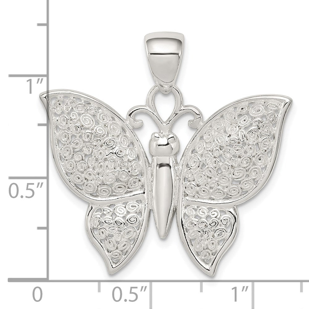 Sterling Silver Rhodium-plated Polished/Textured Butterfly Pendant