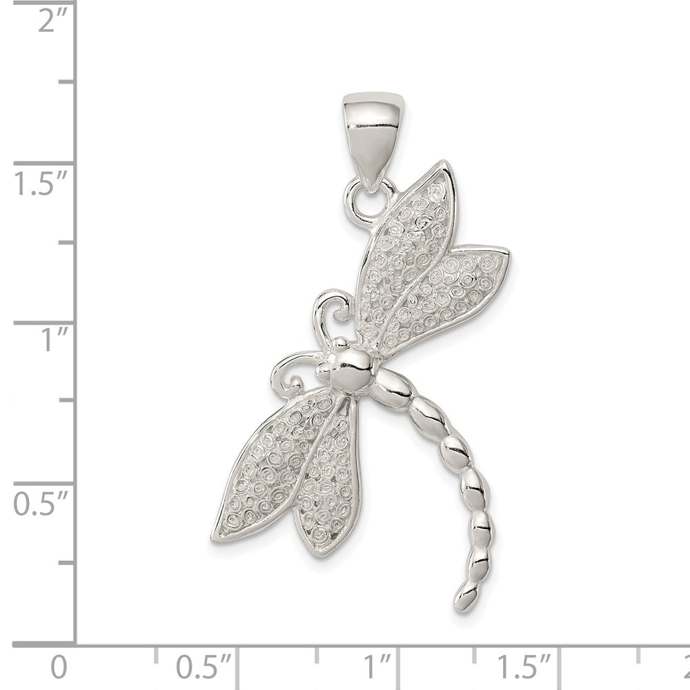 Sterling Silver Rhodium-plated Polished and Textured Dragonfly Pendant