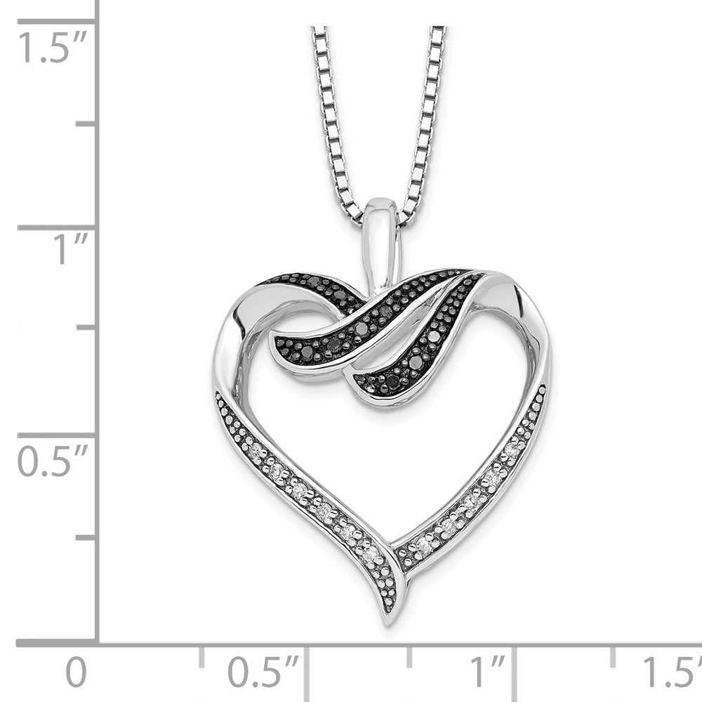 White Night Sterling Silver Rhodium-plated Black and White Diamond Heart 18 Inch Necklace with 2 Inch Extender