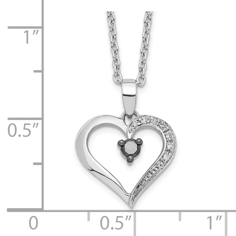 White Night Sterling Silver Rhodium-plated Black and White Diamond Heart 18 Inch Necklace with 2 Inch Extender