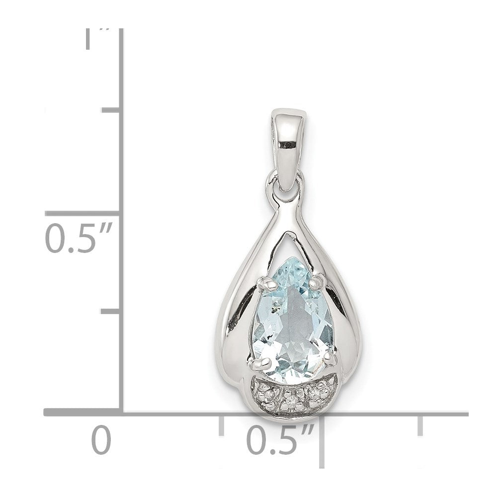 Sterling Silver Rhodium Plated Diamond and Aquamarine Pendant