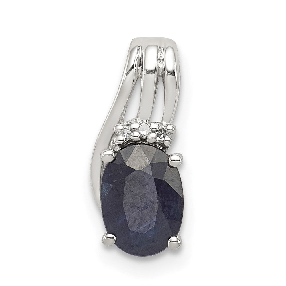 Sterling Silver Rhodium Plated Diamond & Sapphire Oval Pendant