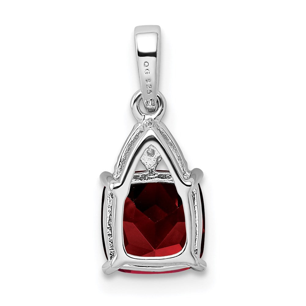 Sterling Silver Rhodium Plated Diamond Garnet Cushion Pendant