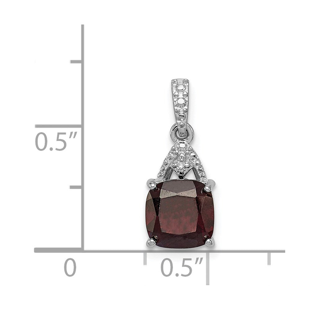 Sterling Silver Rhodium Plated Diamond Garnet Cushion Pendant