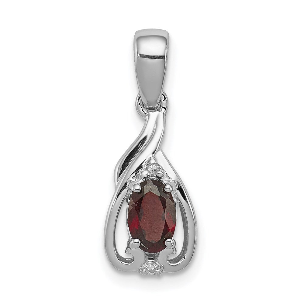 Sterling Silver Rhodium Plated Diamond & Garnet Oval Pendant