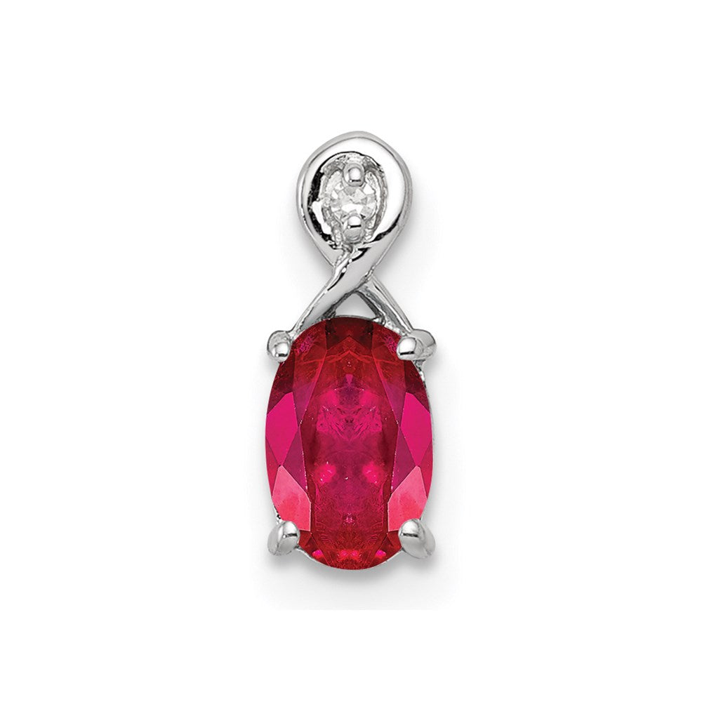 Sterling Silver Rhodium Plated Diamond & Ruby Oval Pendant