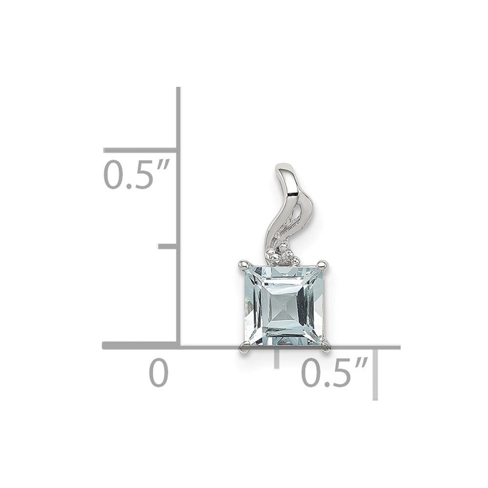 Sterling Silver Rhodium Plated Dia. & Aquamarine Square Pendant