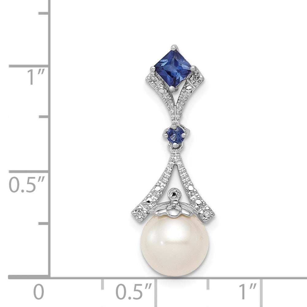 Sterling Silver Rhod Plated Dia. Created Sapphire FW Cultured Pearl Pendant