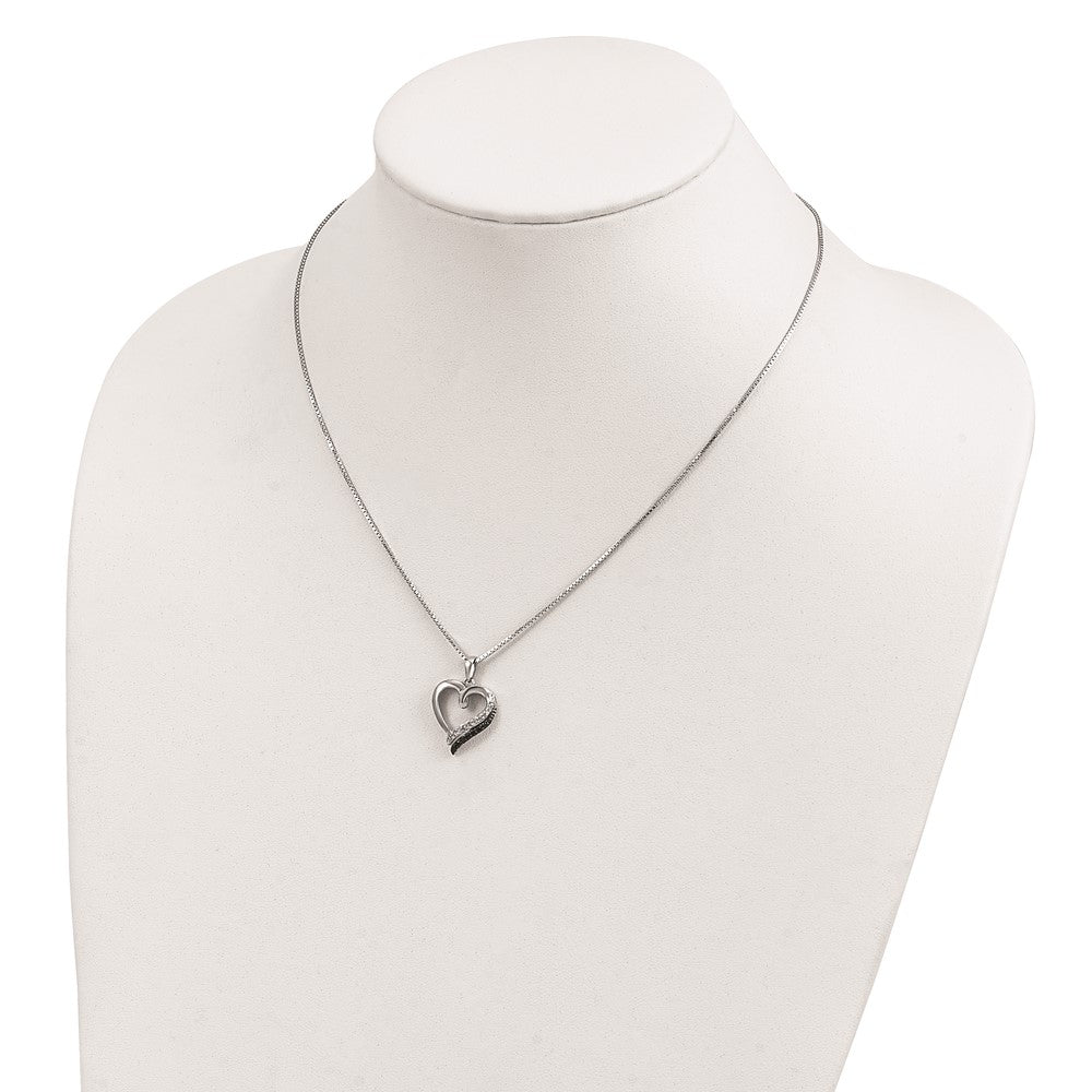 White Night Sterling Silver Rhodium-plated Black and White Diamond Heart Necklace with 2 Inch Extender