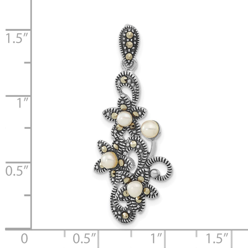 Sterling Silver Antiqued Marcasite & Freshwater Cultured Pearl Floral Slide Pendant