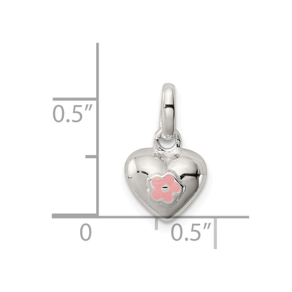 Sterling Silver Polished Pink Enamel Flower on Heart Children's Pendant