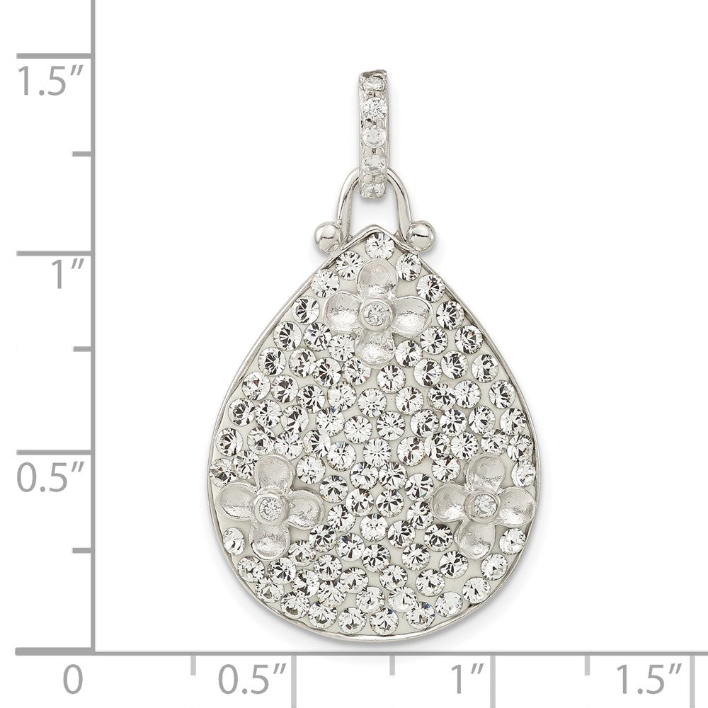Sterling Silver Polished CZ & Crystal Flower Teardrop Pendant