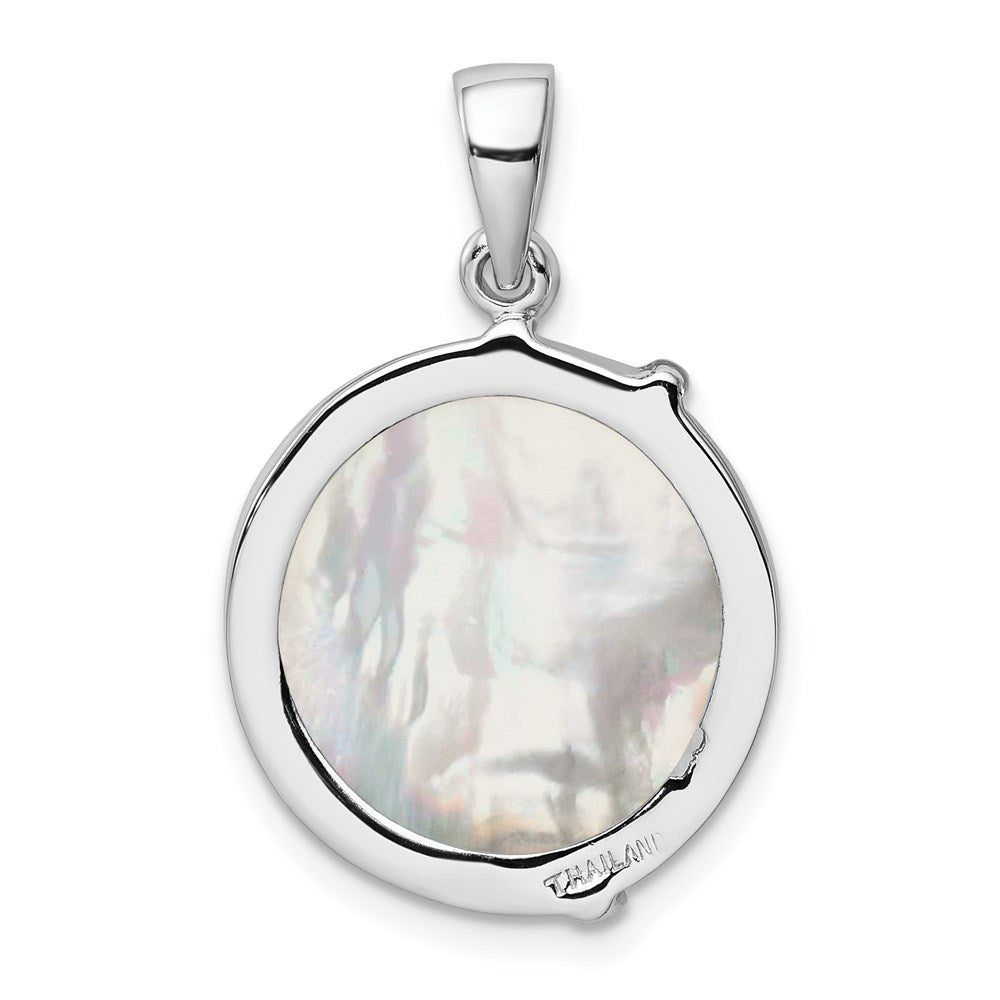 Sterling Silver Rhodium-plated Polished Round Mother of Pearl Palm Tree Pendant