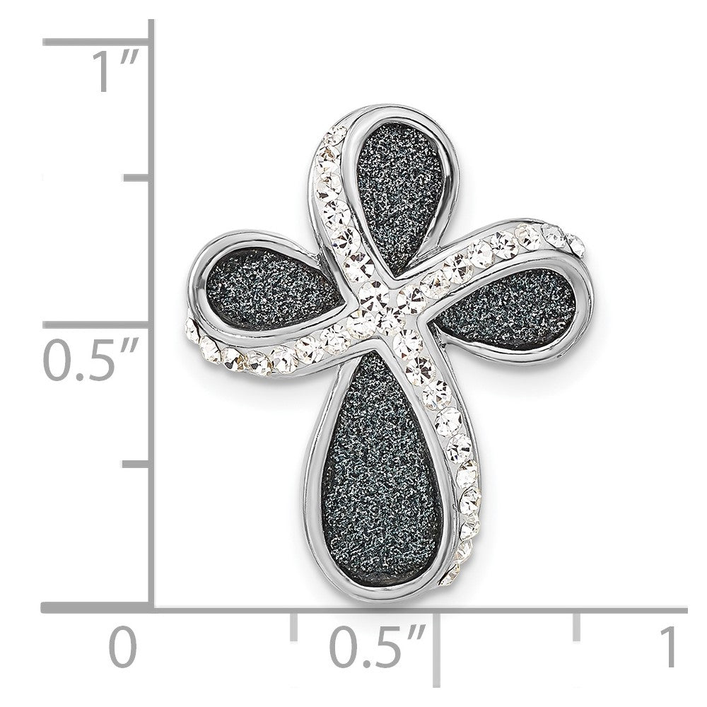 Sterling Silver Polished White Crystal & Blue Laser Glitter Texture Cross Pendant