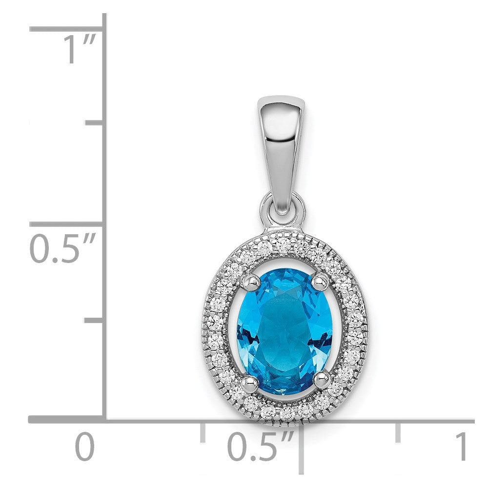Sterling Silver Rhod-plated Blue and White CZ Oval Pendant