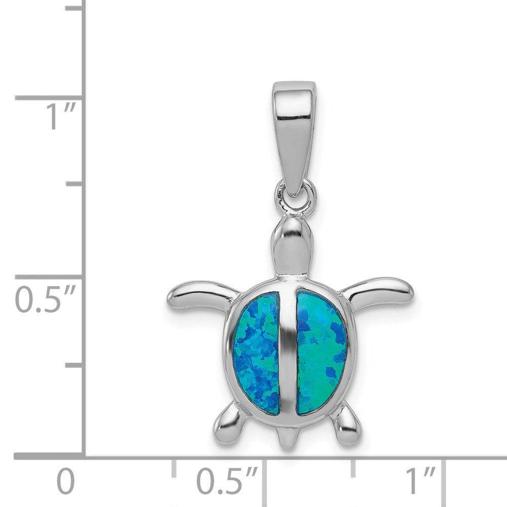 Sterling Silver Rhodium-plated Polished Created Blue Opal Turtle Pendant