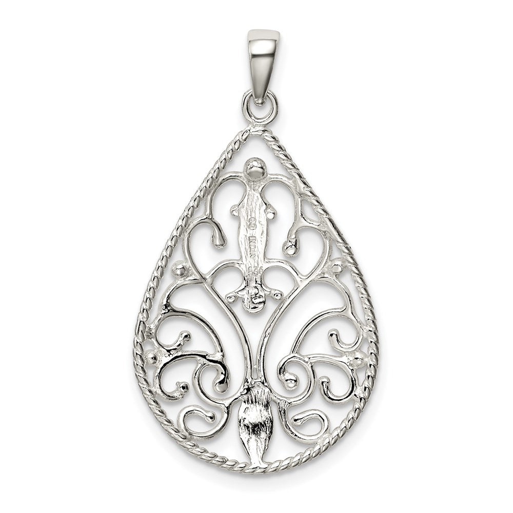 Sterling Silver Polished Filigree Diamond-cut Teardrop Pendant