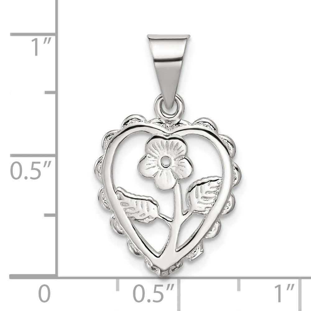 Sterling Silver Polished Mini Floral Center Heart Pendant