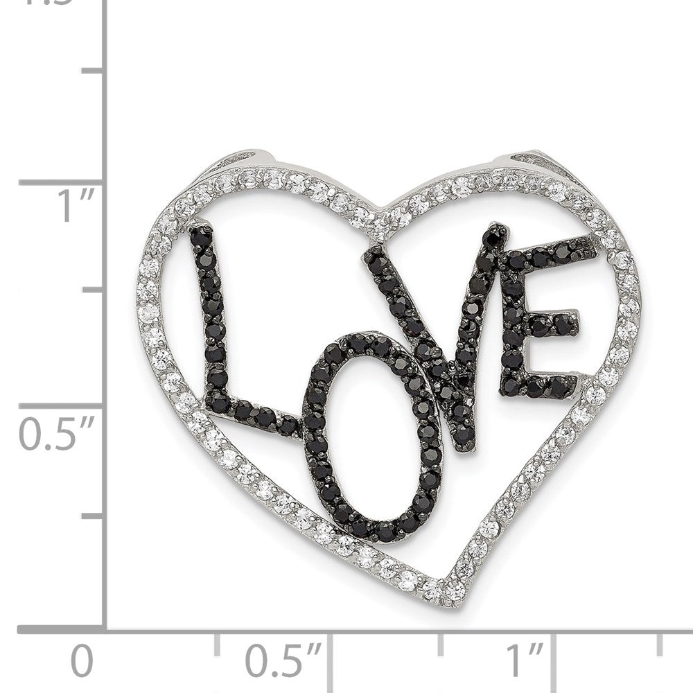 Sterling Silver Black/White Rhodium-plated CZ Love in Heart Chain Slide
