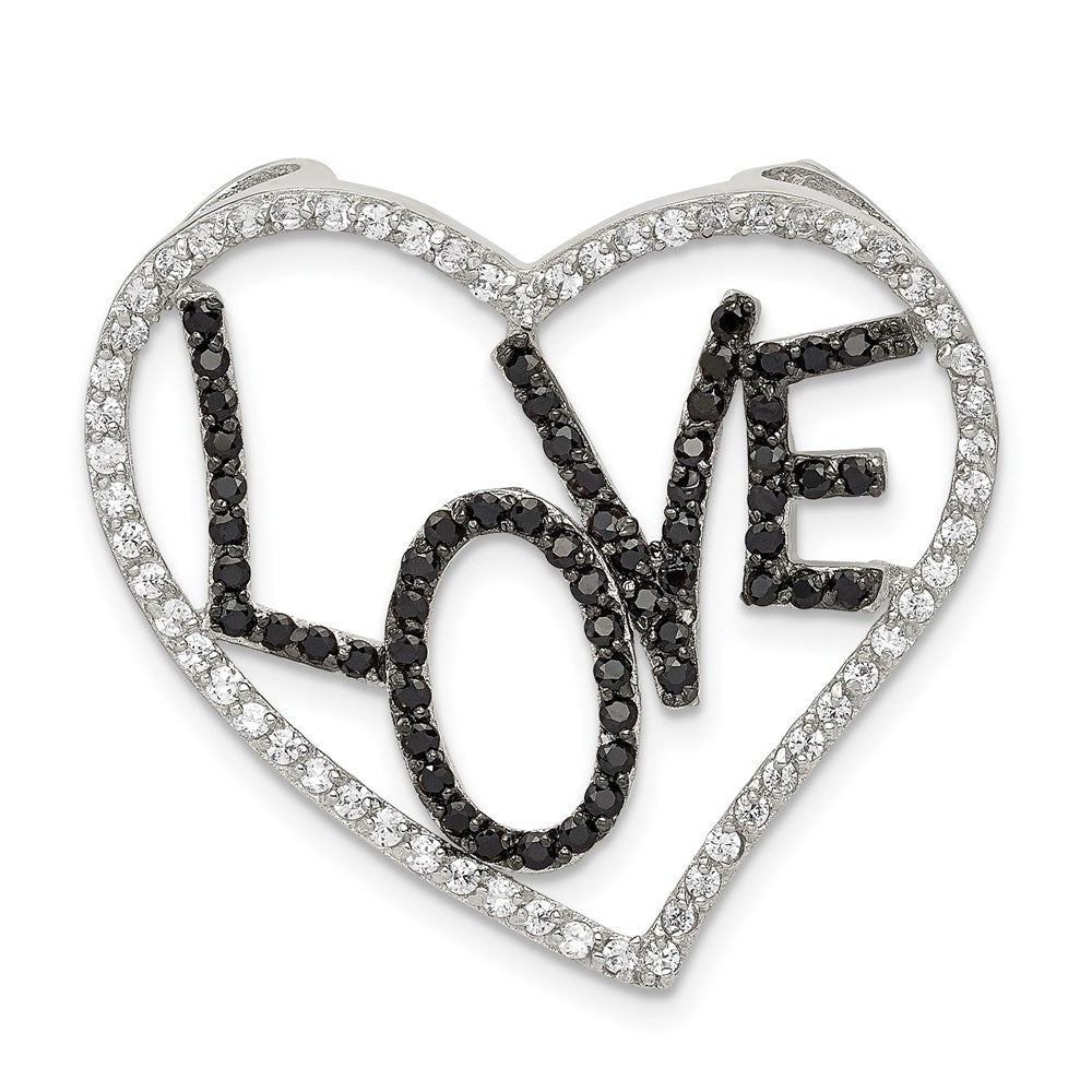 Sterling Silver Black/White Rhodium-plated CZ Love in Heart Chain Slide