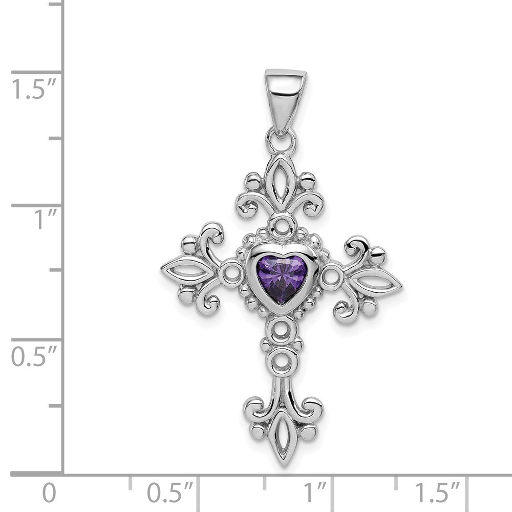Sterling Silver Rhodium-plated Amethyst Cross Pendant